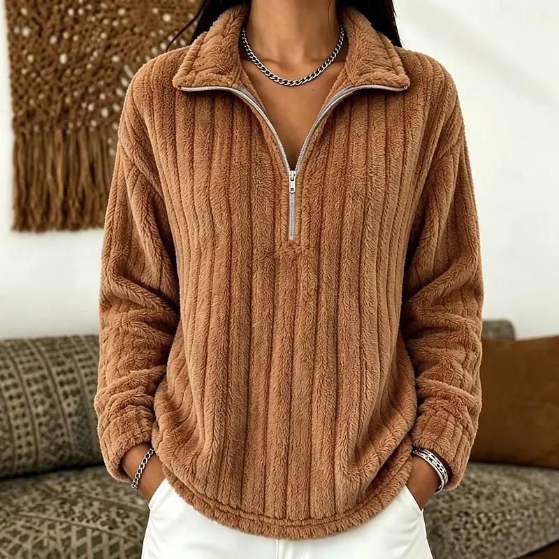 Women's Relaxed-Fit Textured Quarter-Zip Pullover-Women's Sweaters-Bellmaren-Light Brown-S-My Store