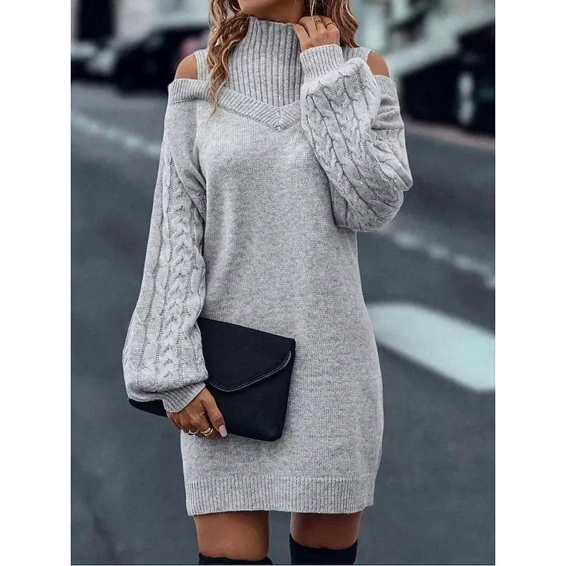 Women's Cold-Shoulder Turtleneck Sweater Dress-Women's Dresses-Bellmaren-Gray-S-My Store