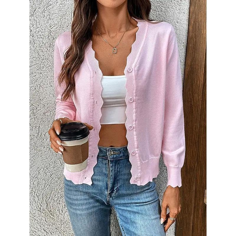Women's Scalloped V-Neck Cardigan – Lightweight Button-Front Knit