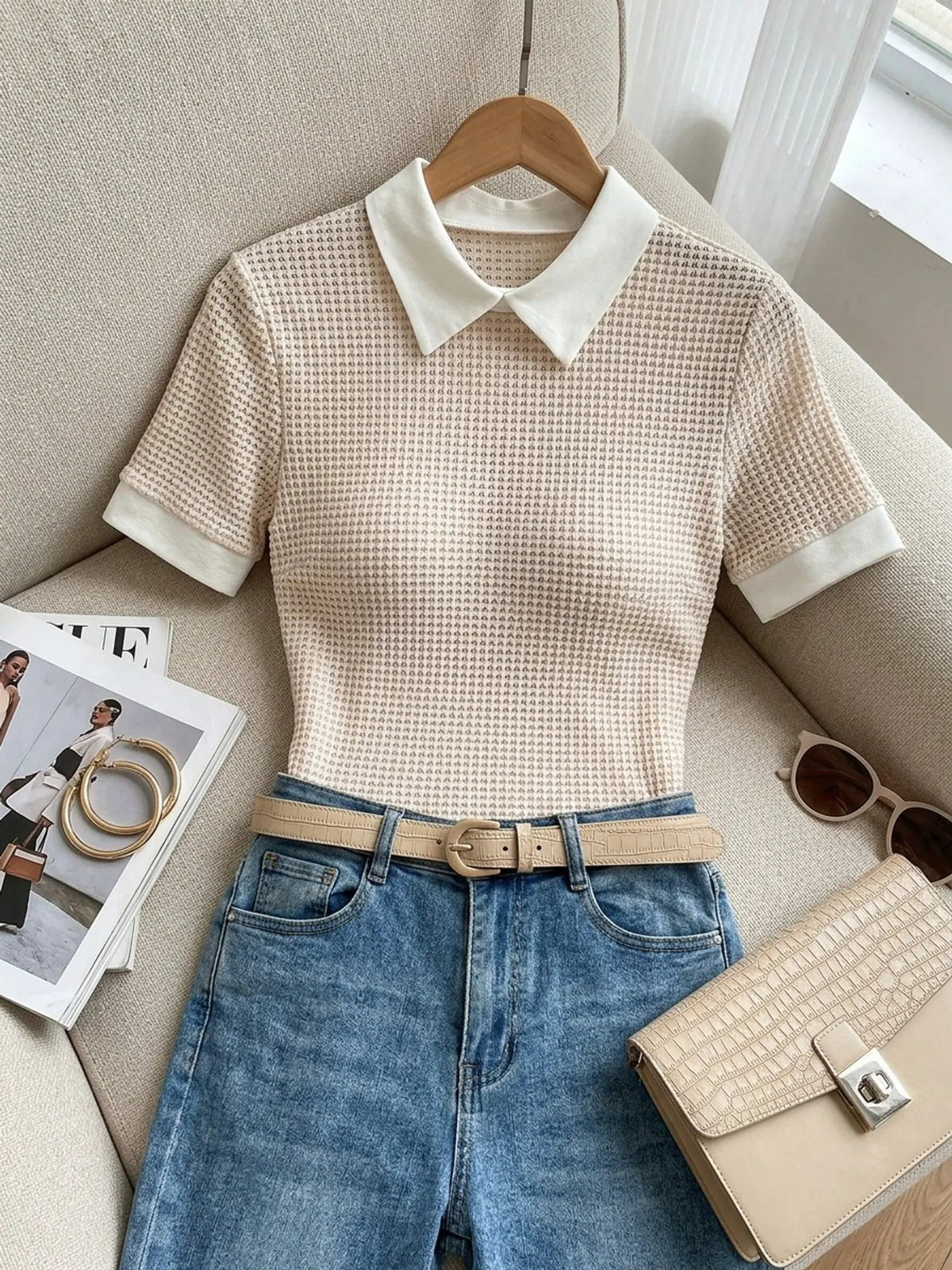 Women's Contrast Collar Slim Fit Top for Work-Women's Blouses-Bellmaren-Apricot-S-My Store