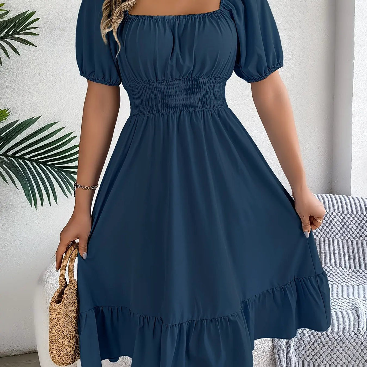 Women's Square Neck Ruffle Hem A-Line Dress-Women's Dresses-Bellmaren-Navy-S-My Store