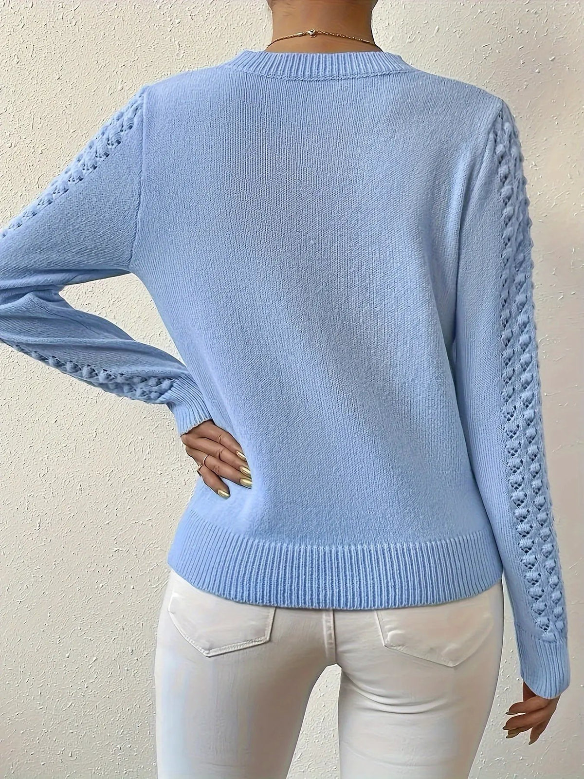 Women's Pointelle Knit Round Neck Jumper-Women's Sweaters-Bellmaren-Light Blue-XS-My Store