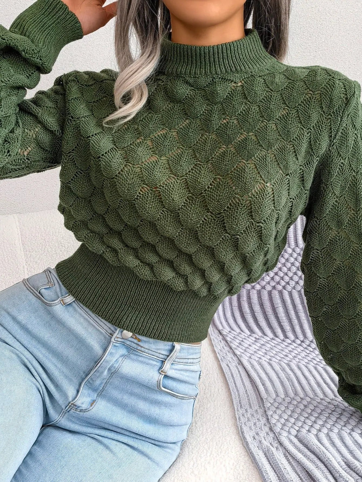 Women's Textured Cropped Sweater With Gentle Stretch-Women's Sweaters-Bellmaren-Khaki-S-My Store