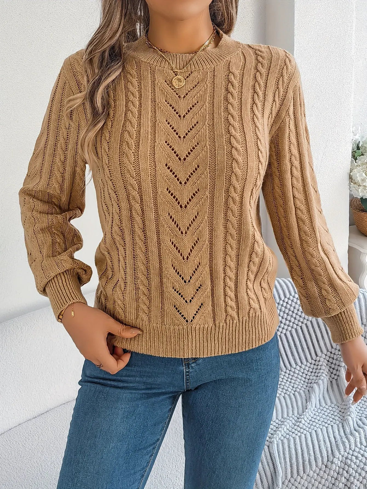 Women's Cable Knit Textured Sweater with Openwork Detailing-Women's Sweaters-Bellmaren-Khaki-S-My Store