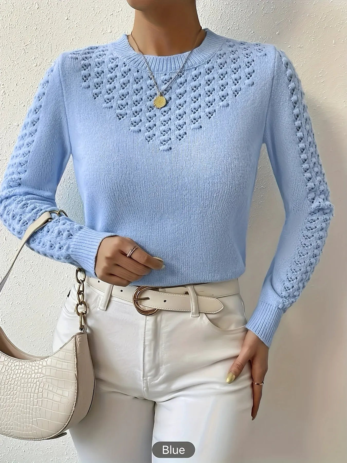 Women's Pointelle Knit Round Neck Jumper-Women's Sweaters-Bellmaren-Light Blue-XS-My Store