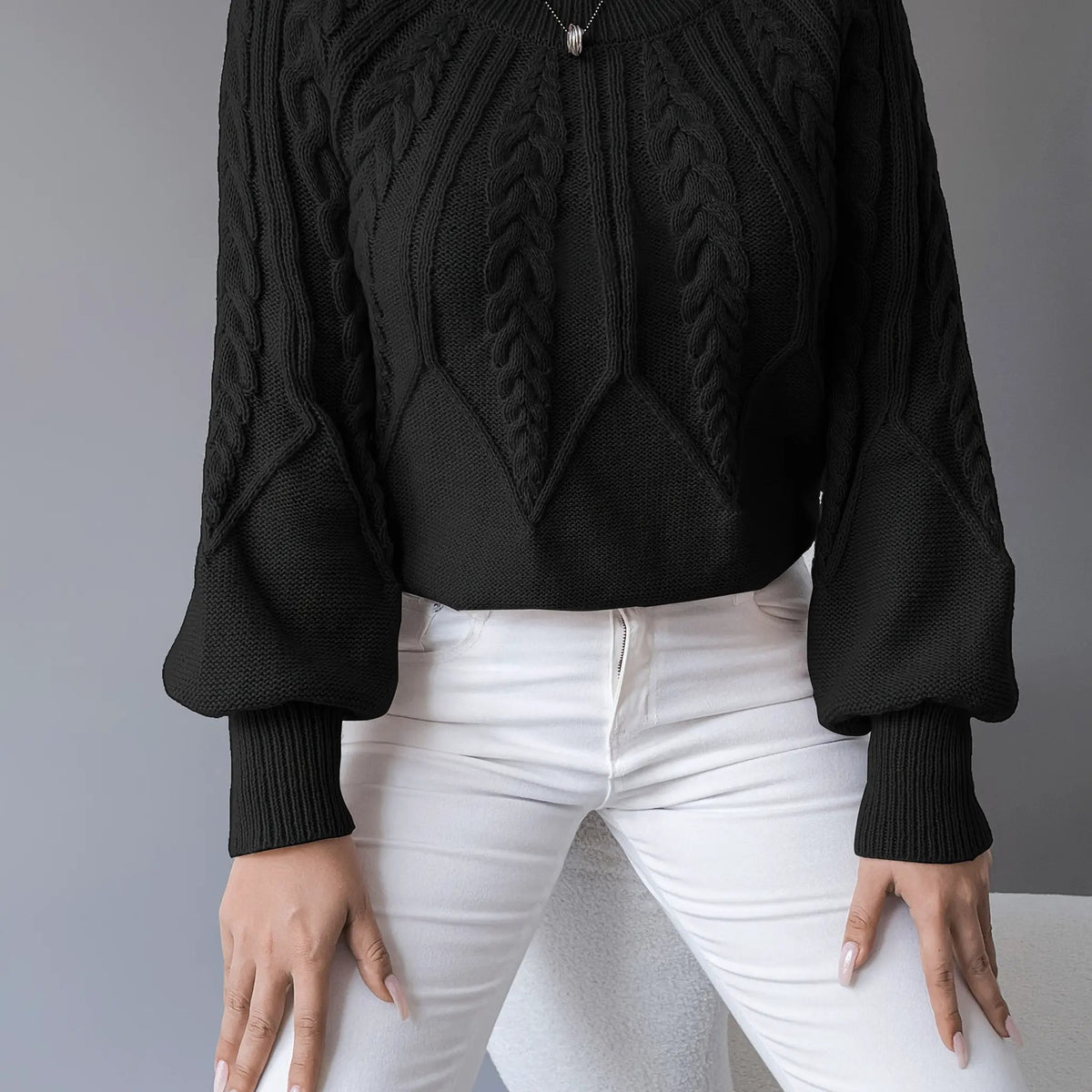 Women's Classic Cable-Knit Lantern-Sleeve Pullover Jumper-Women's Sweaters-Bellmaren-Khaki-S-My Store