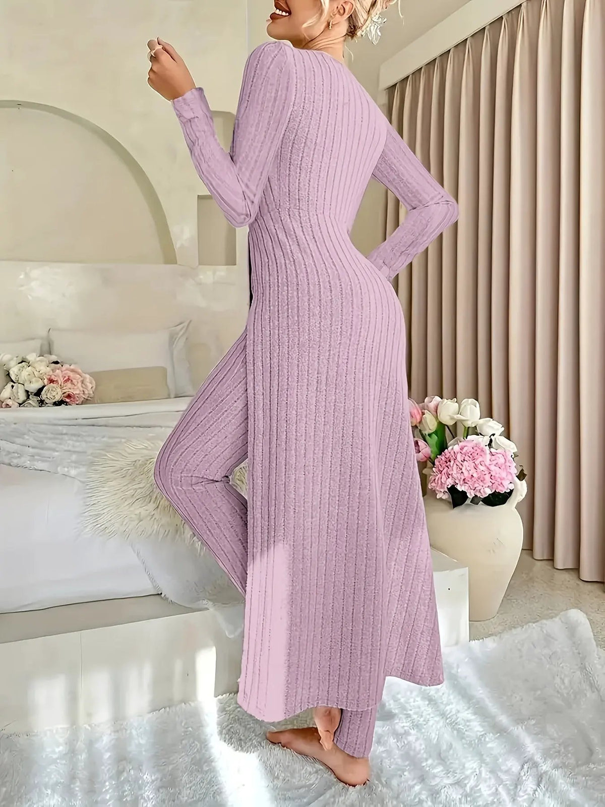 Women's Ribbed Loungewear Tunic and Wide Leg Trouser Set-Women's Loungewear Sets-Bellmaren-Sage-S-My Store
