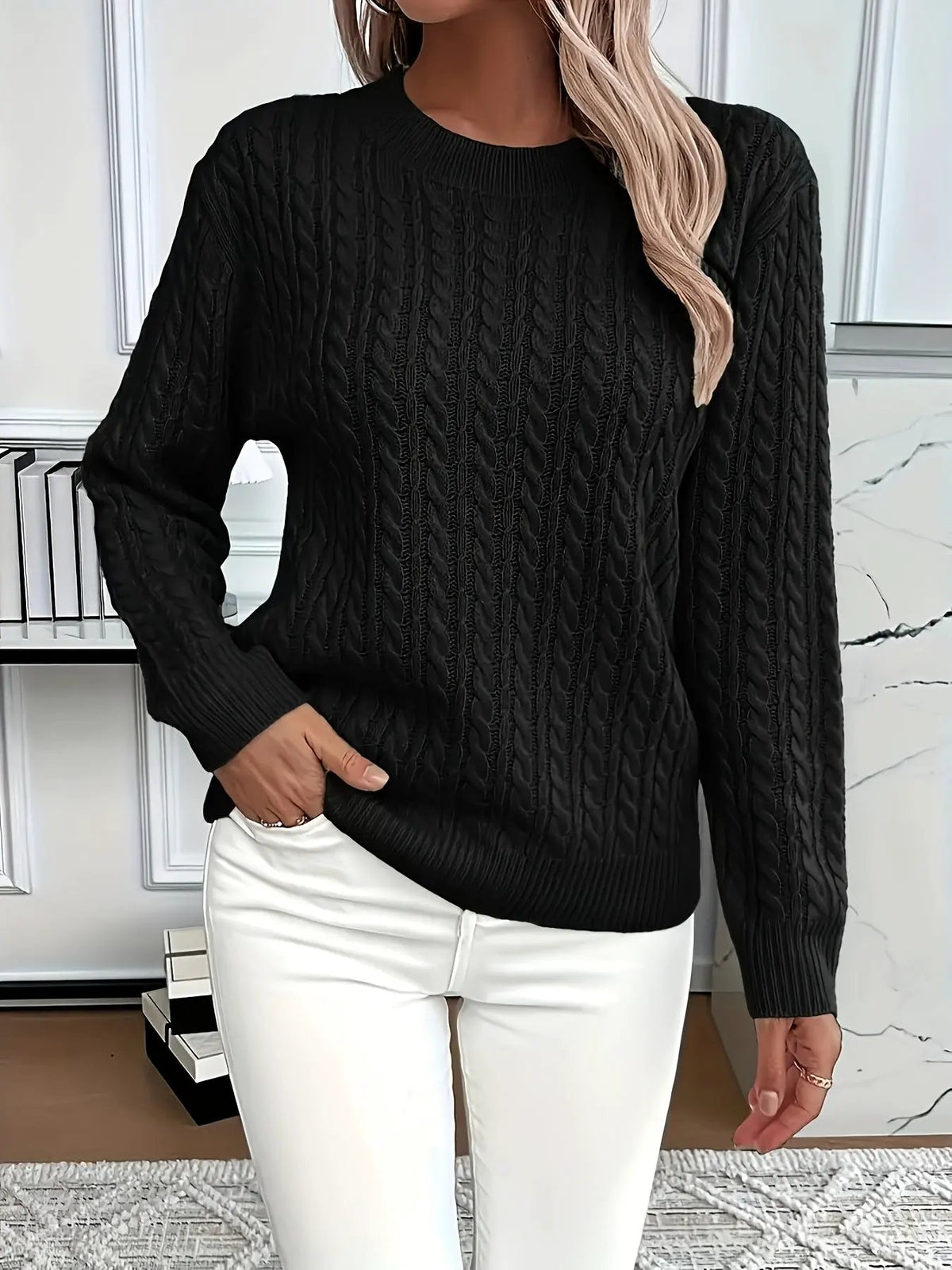 Women's Cable Knit Round Neck Jumper Relaxed Silhouette-Women's Sweaters-Bellmaren-Light Green-S-My Store
