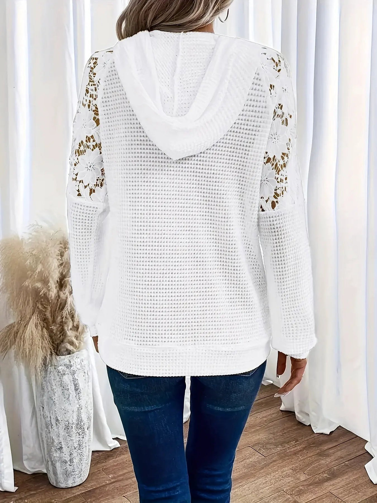 Women's Waffle Textured Hooded Top With Floral Trim-Women's Hoodies-Bellmaren-White-S-My Store