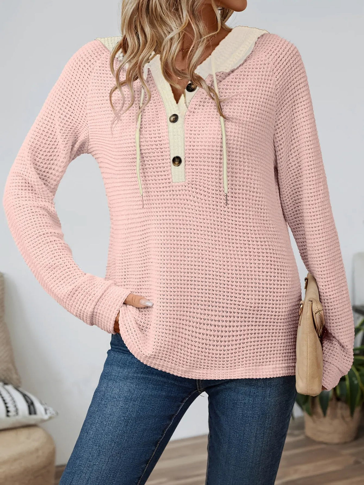 Women's Relaxed Waffle Hooded Top - Contrast Hood-Women's Hoodies-Bellmaren-Beige-S-My Store