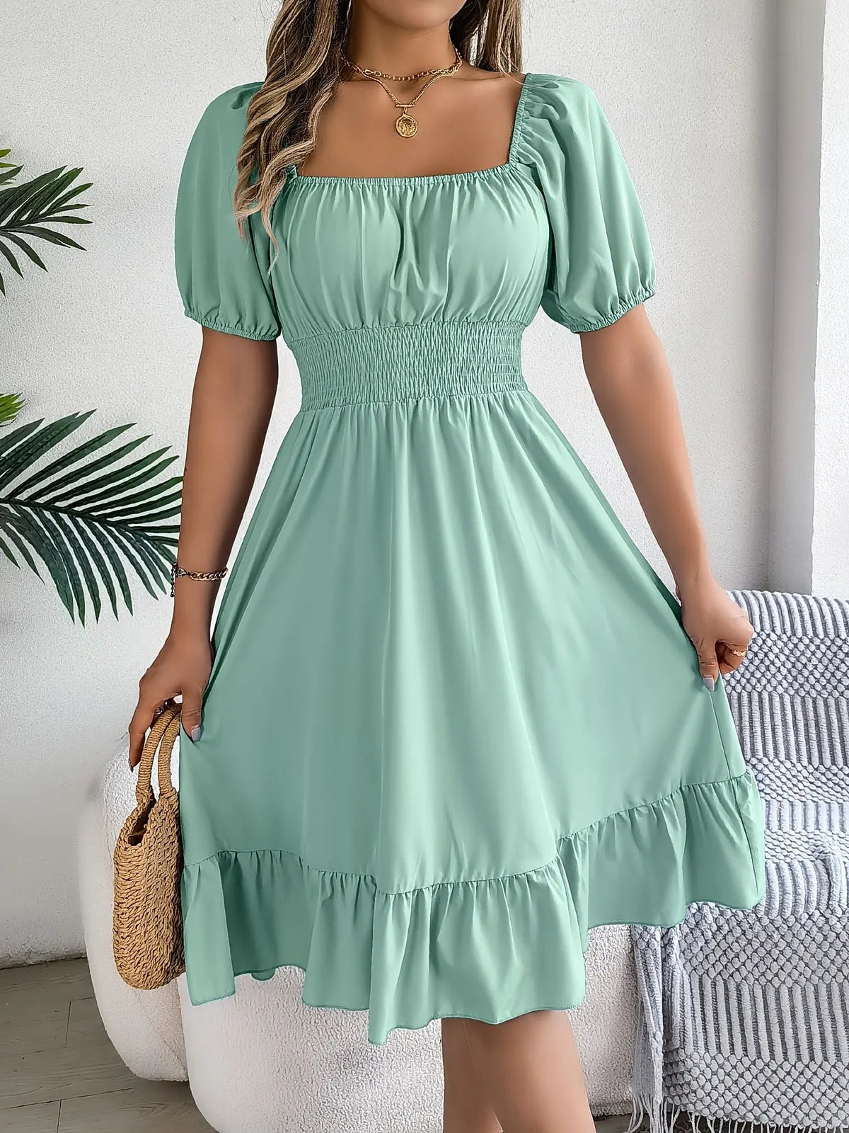 Women's Square Neck Ruffle Hem A-Line Dress-Women's Dresses-Bellmaren-Sky Blue-S-My Store