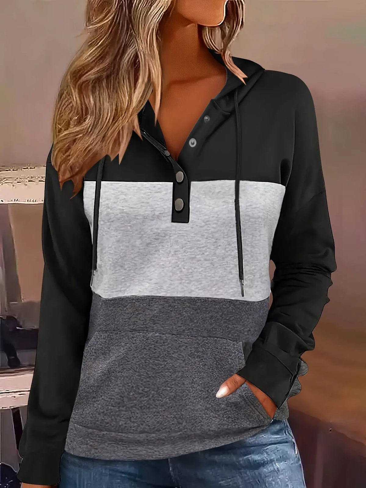 Women's Colour Block Hoodie with Button Neck-Women's Hoodies-Bellmaren-Black-S-My Store