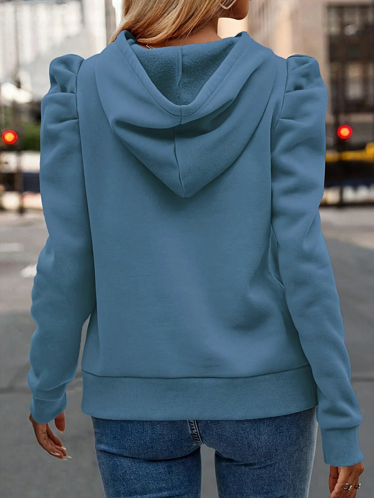 Women's Puff-Sleeve Brushed Hoodie - Drawstring Detail-Women's Hoodies-Bellmaren-Fog Blue-S-My Store