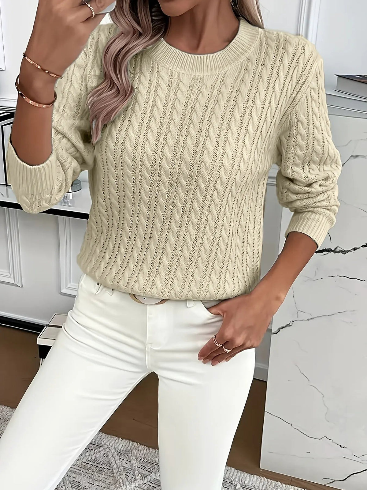 Women's Cable Knit Round Neck Jumper Relaxed Silhouette-Women's Sweaters-Bellmaren-Light Green-S-My Store
