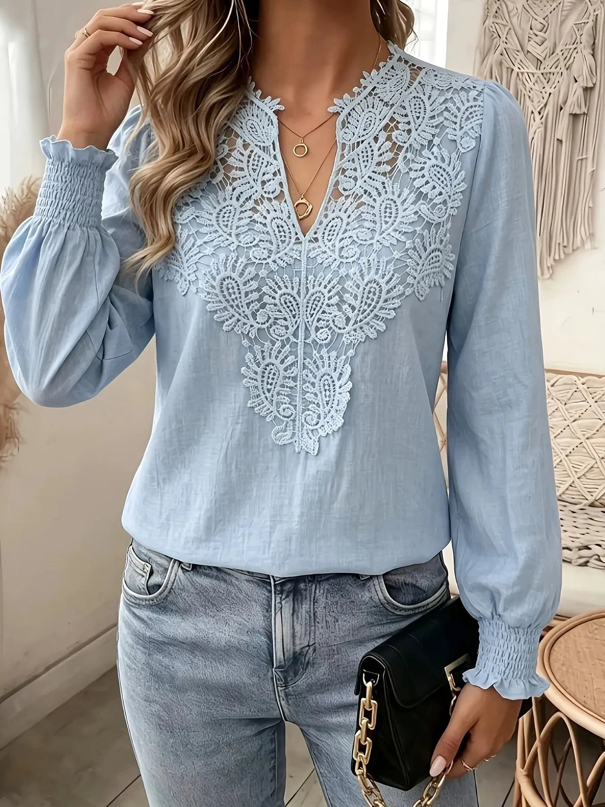 Women's Embroidered V-Neck Blouse with Lantern Sleeves by Bellmaren