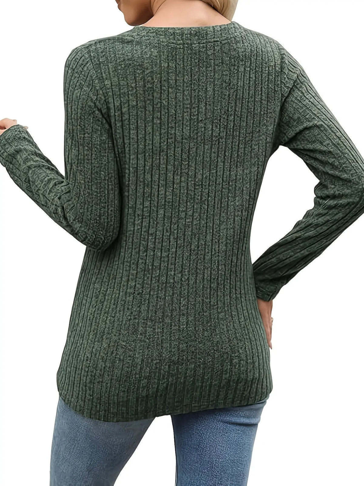 Women's Ribbed Button Neck Long Sleeve Top-Women's Sweaters-Bellmaren-Dark Green-S-My Store