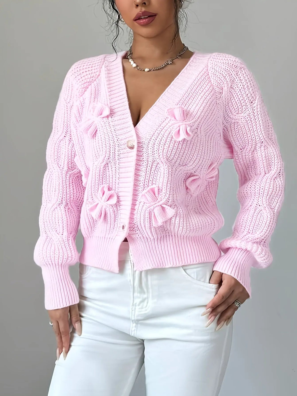 Women's Bow-Detail Long Sleeve Button Cardigan-Women’s Cardigans-Bellmaren-Pink-S-My Store
