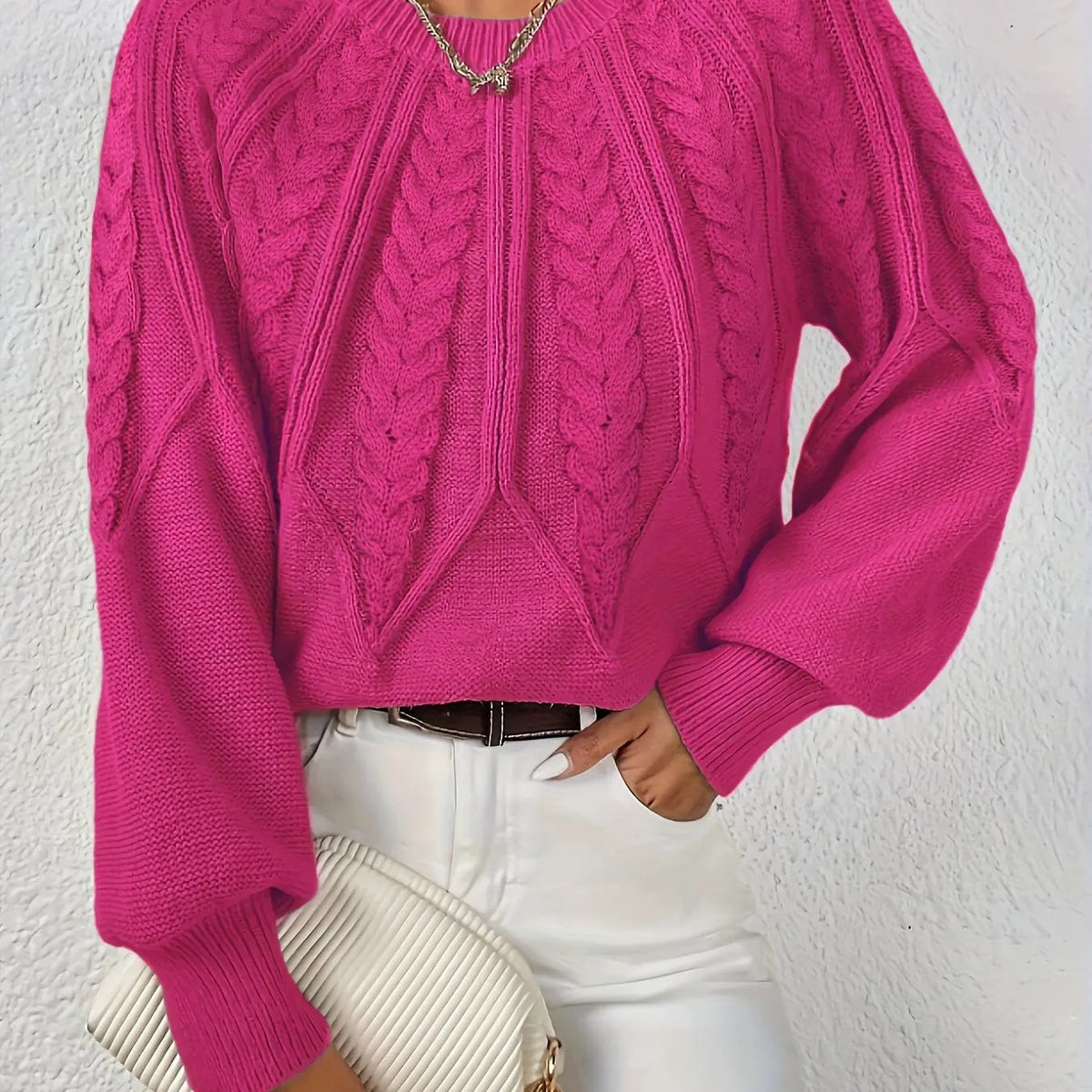 Women's Cable Knit Round Neck Sweater with Raglan Sleeves-Women's Sweaters-Bellmaren-Rose Red-S-My Store