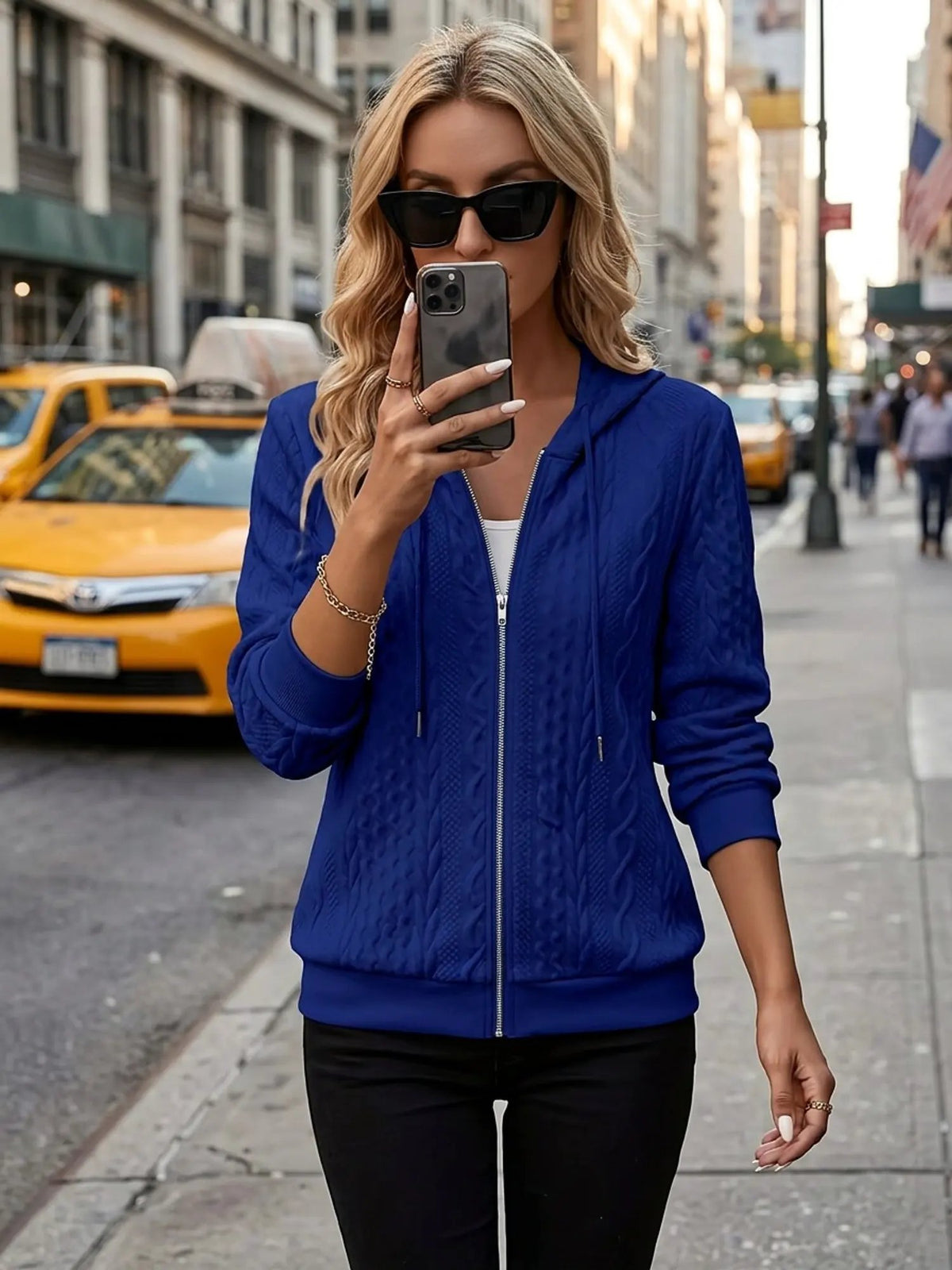 Women's Textured Zip-Up Hooded Jacket with Drawstring-Women's Coats & Jackets-Bellmaren-Blue-S-My Store