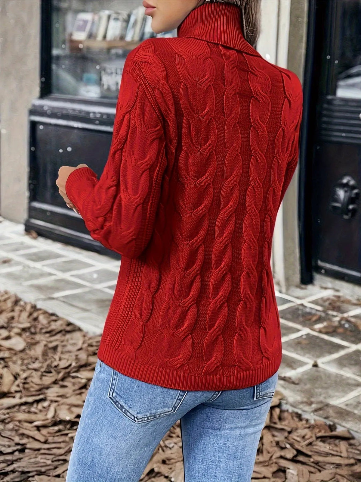 Women's Cable Knit Turtleneck Jumper in Relaxed Fit-Women's Sweaters-Bellmaren-Red-S-My Store