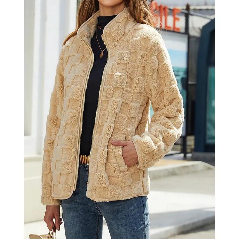 Women's Stand Collar Zip Coat in Plush Texture – Warm with Side Pockets