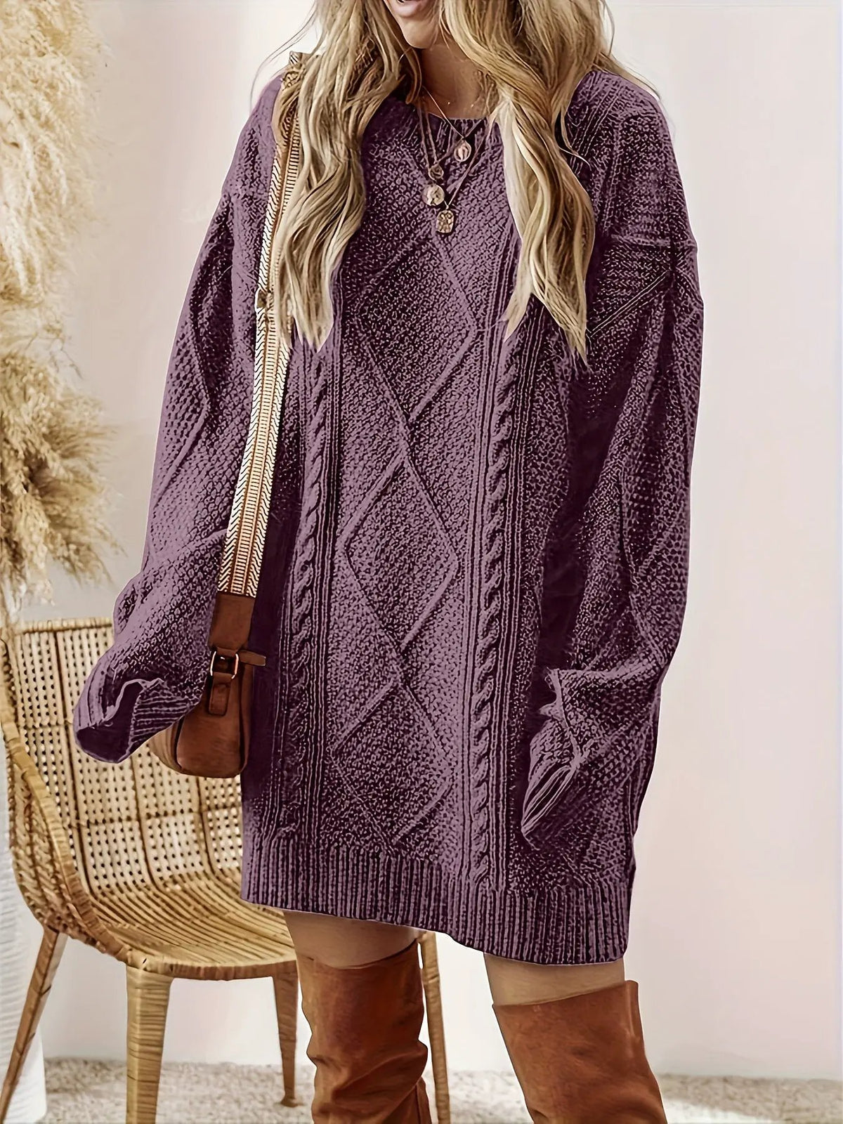 Women's Cable-Knit Sweater Dress - Relaxed Fit-Women's Dresses-Bellmaren-Purple-S-My Store