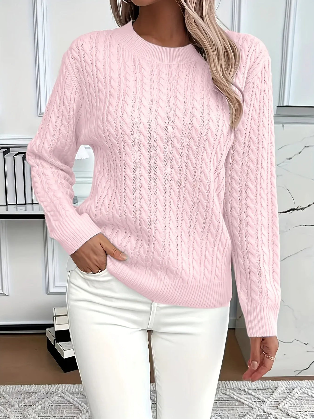 Women's Cable Knit Round Neck Jumper Relaxed Silhouette-Women's Sweaters-Bellmaren-Light Green-S-My Store