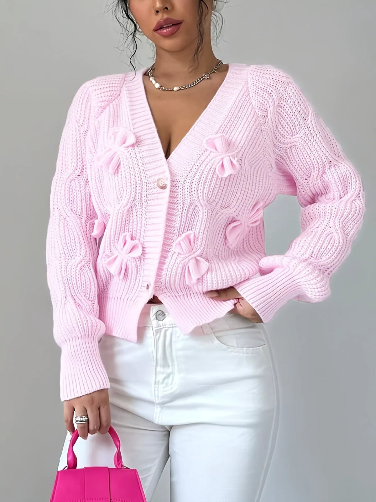 Women's Bow-Detail Long Sleeve Button Cardigan-Women’s Cardigans-Bellmaren-Pink-S-My Store