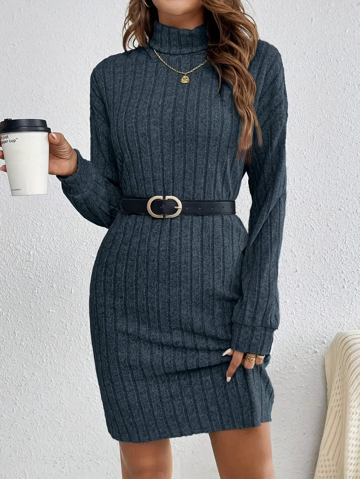 Women's Ribbed Turtleneck Sweater Dress Casual Layering-Women's Dresses-Bellmaren-Khaki-XS-My Store
