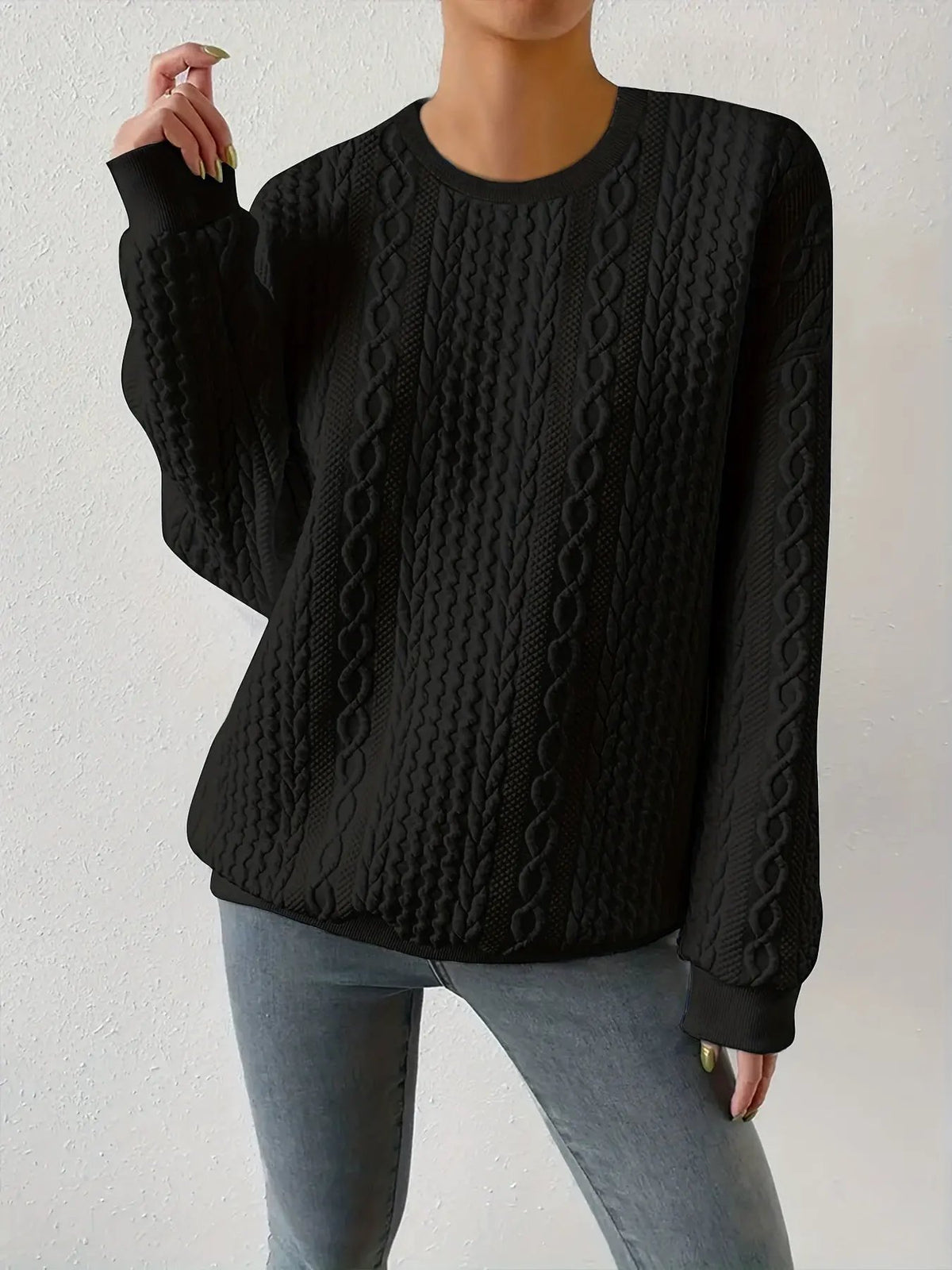 Women's Textured Cable-Knit Sweatshirt Crewneck Design-Women's Sweaters-Bellmaren-White-S-My Store