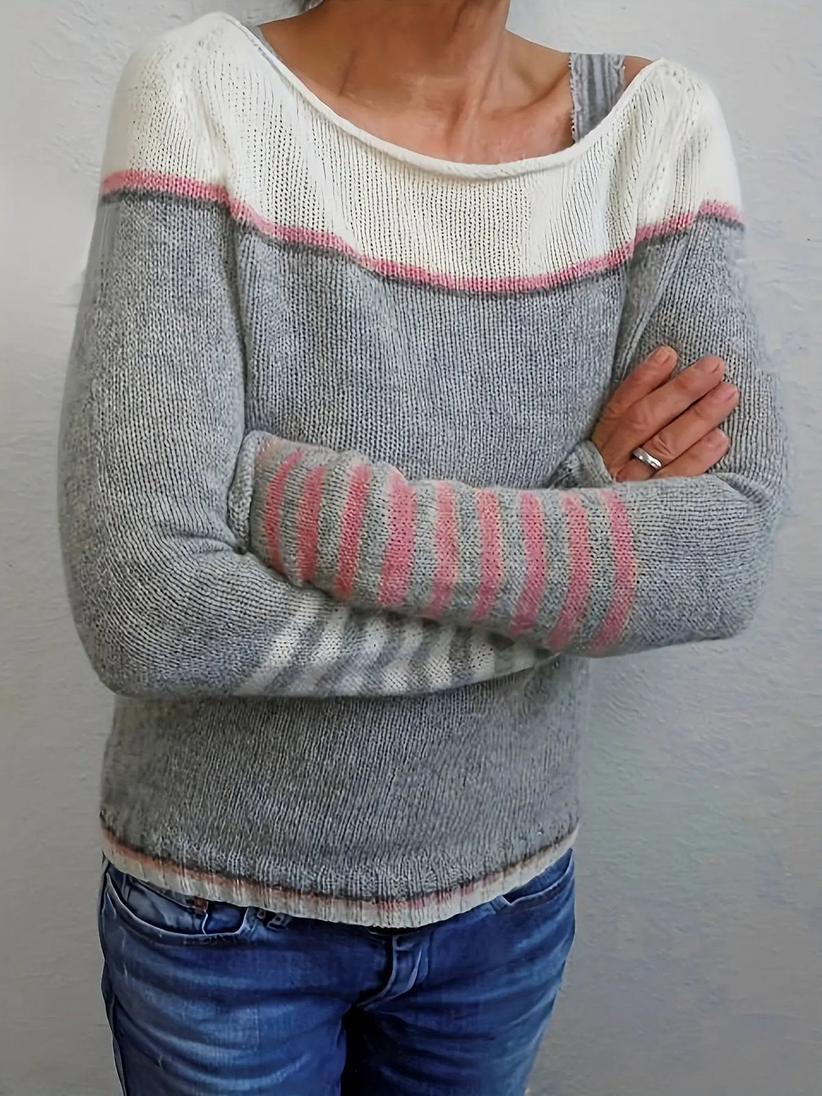 Women's Colour-Block Boat Neck Sweater With Relaxed Fit by Bellmaren