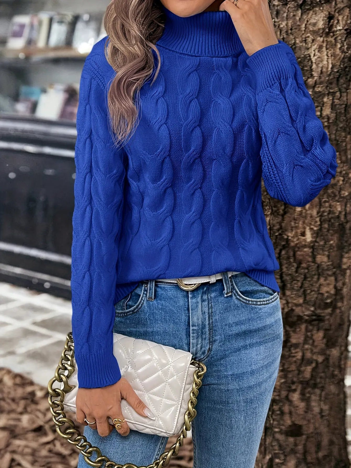 Women's Cable Knit Turtleneck Jumper in Relaxed Fit-Women's Sweaters-Bellmaren-Red-S-My Store