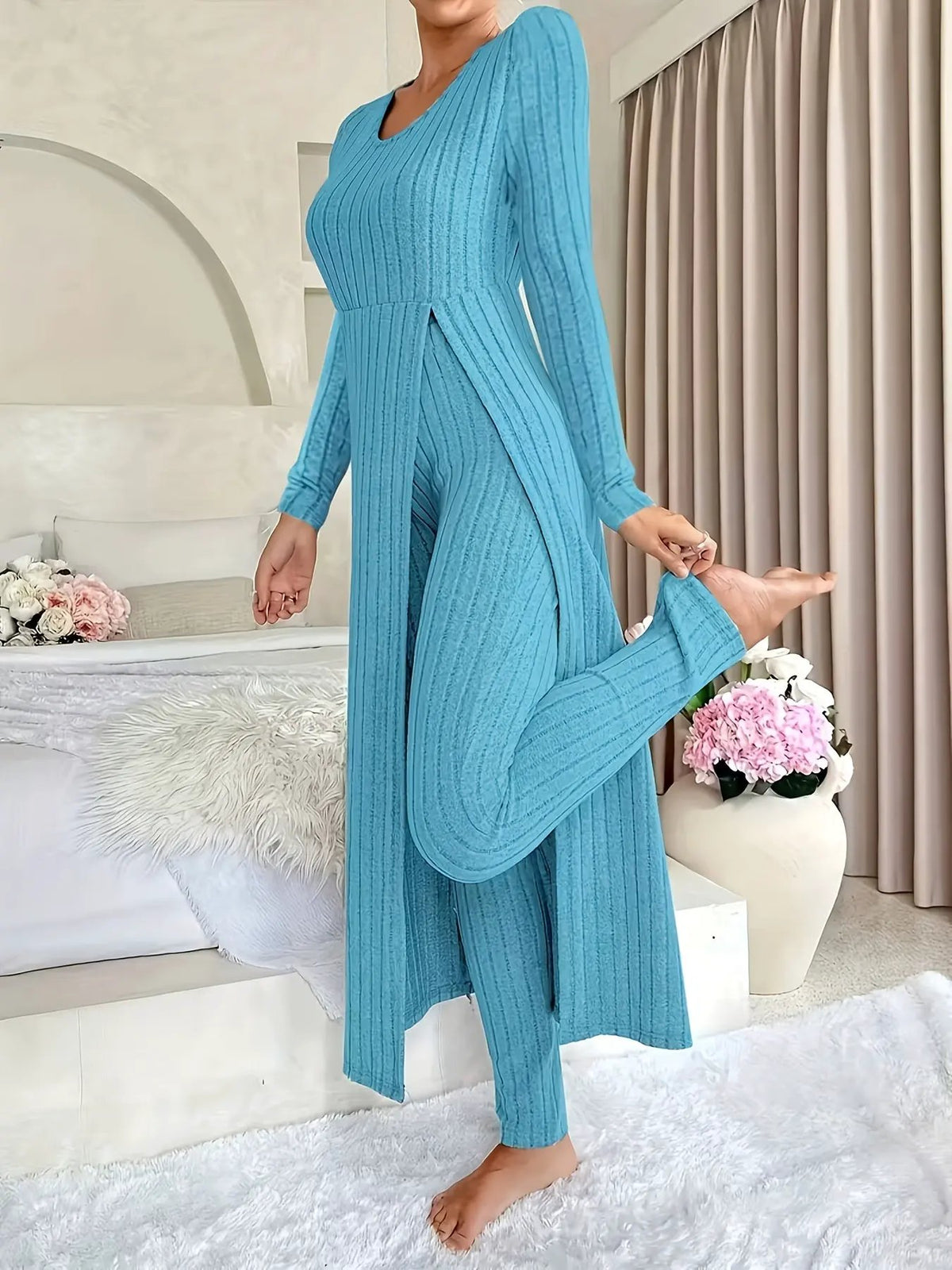 Women's Ribbed Loungewear Tunic and Wide Leg Trouser Set-Women's Loungewear Sets-Bellmaren-Peacock Blue-S-My Store