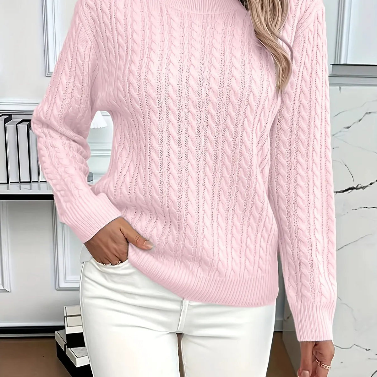 Women's Cable Knit Round Neck Jumper Relaxed Silhouette-Women's Sweaters-Bellmaren-Pink-S-My Store