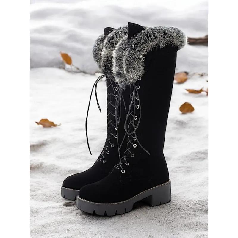 Women's Plush-Cuff Lace-Up Knee-High Winter Boots-Women's Shoes-Bellmaren-Black-7-My Store