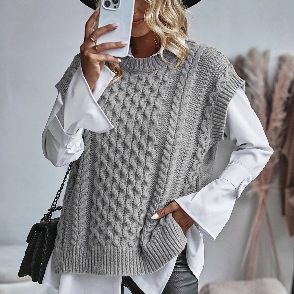 Women's Brown Cable-Knit Tank Top-Women's Vests-Bellmaren-Grey-S-My Store