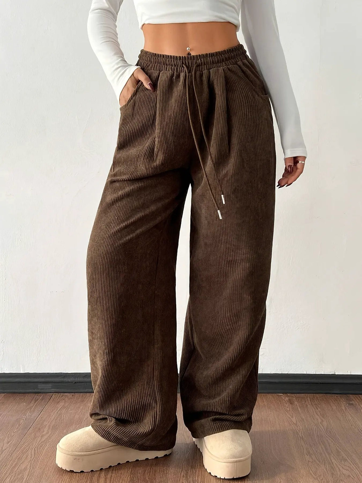 Women's Relaxed Wide-Leg Trousers - Drawstring Waist-Women's Trousers-Bellmaren-Dark Brown-S-My Store