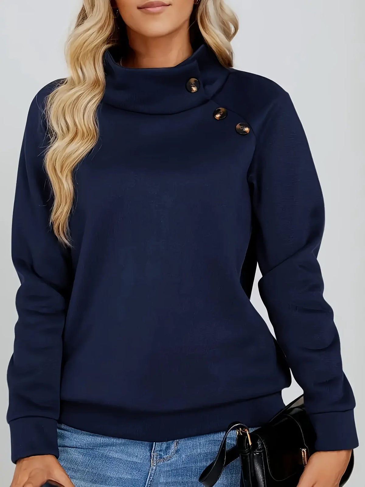 Women's Stand Collar Sweatshirt with Side Button Detail-Women's Sweatshirts-Bellmaren-Navy-S-My Store