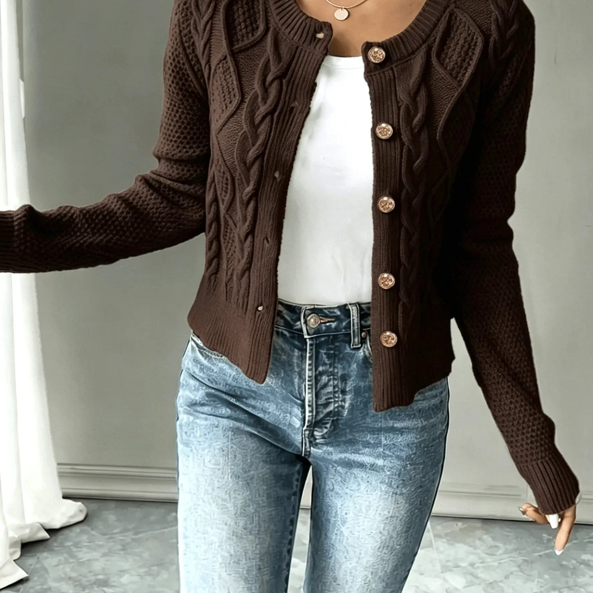 Women's Cable-Knit Button-Front Cardigan-Women’s Cardigans-Bellmaren-Coffee Brown-S-My Store