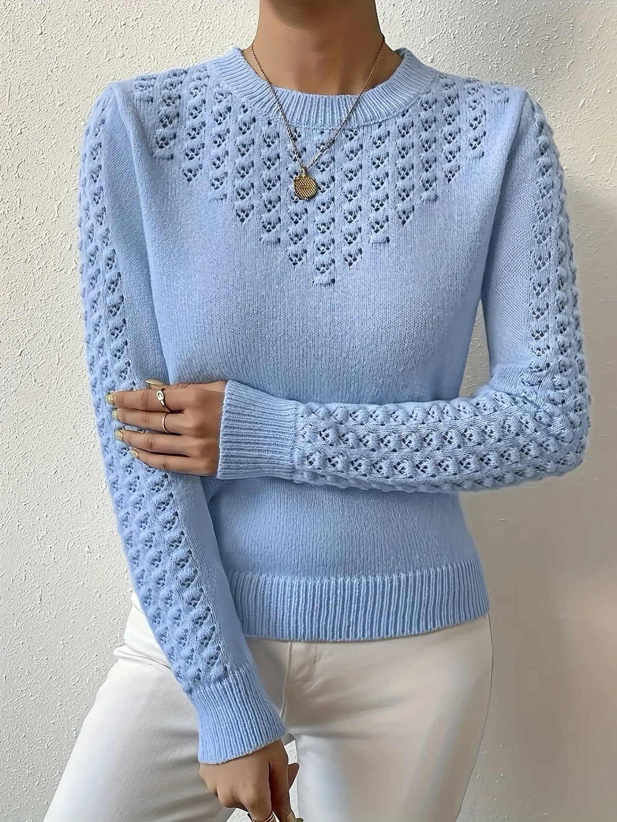 Women's Pointelle Knit Round Neck Jumper-Women's Sweaters-Bellmaren-Light Blue-XS-My Store