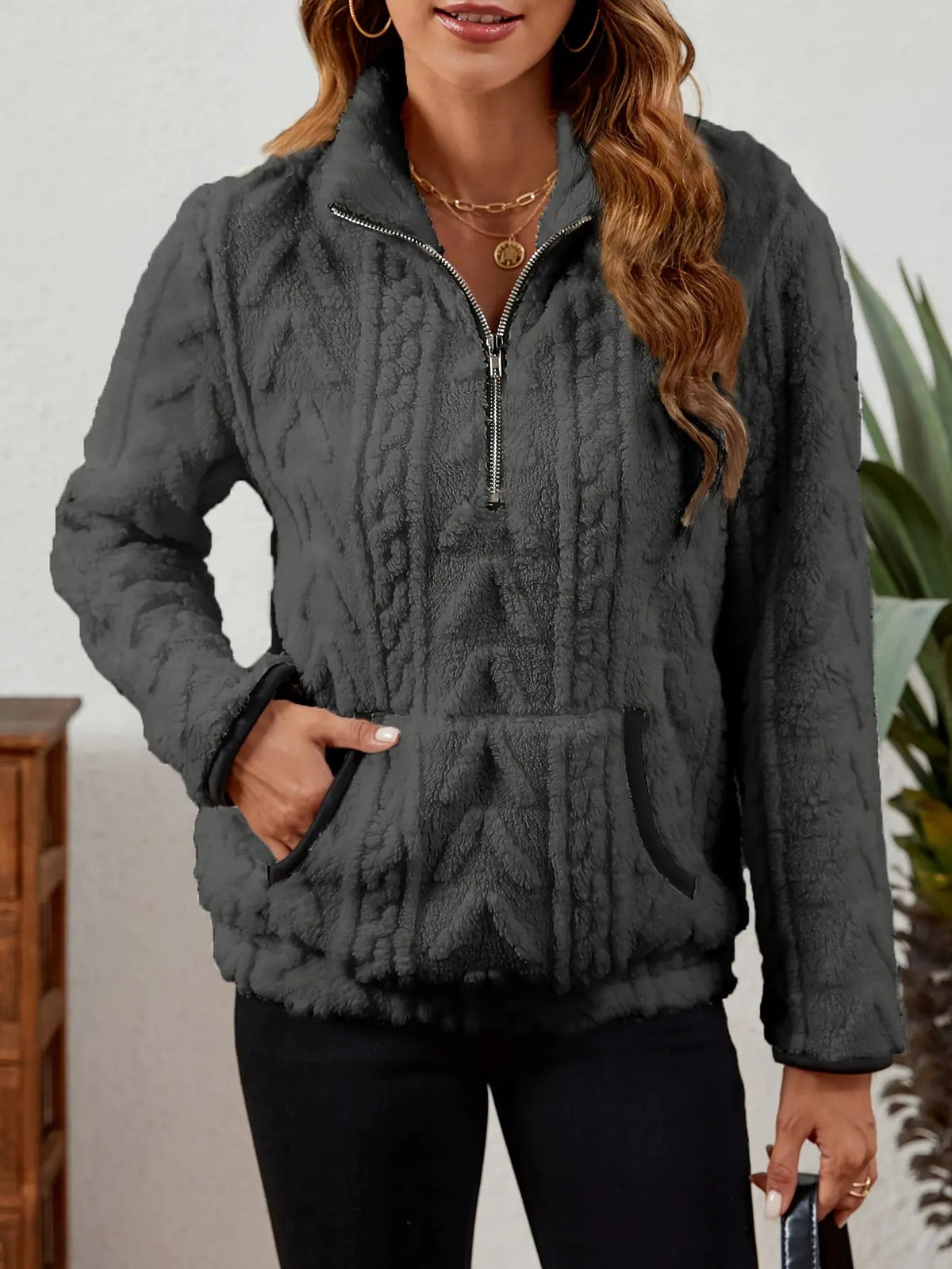 Textured Women's Half Zip Pullover Kangaroo Pocket-Women's Sweaters-Bellmaren-Burgundy-S-My Store