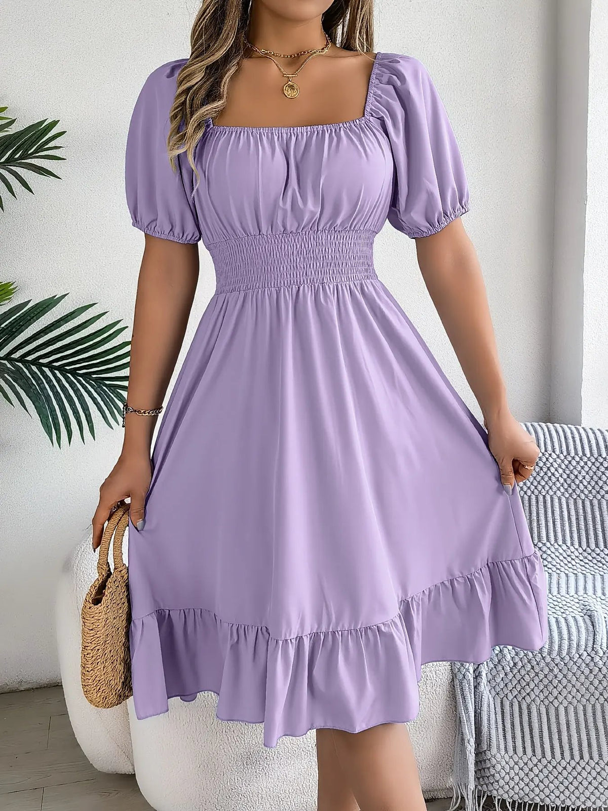 Women's Square Neck Ruffle Hem A-Line Dress-Women's Dresses-Bellmaren-Sky Blue-S-My Store