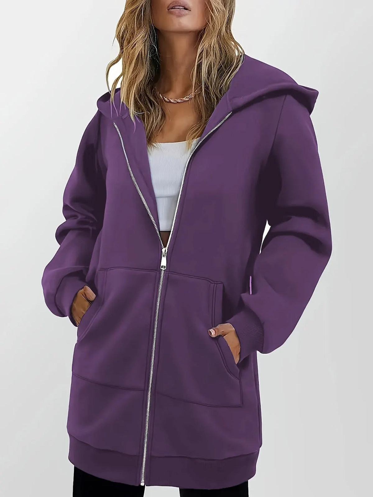 Women's Longline Hooded Zip Jacket With Deep Pockets-Women's Coats & Jackets-Bellmaren-Purple-S-My Store