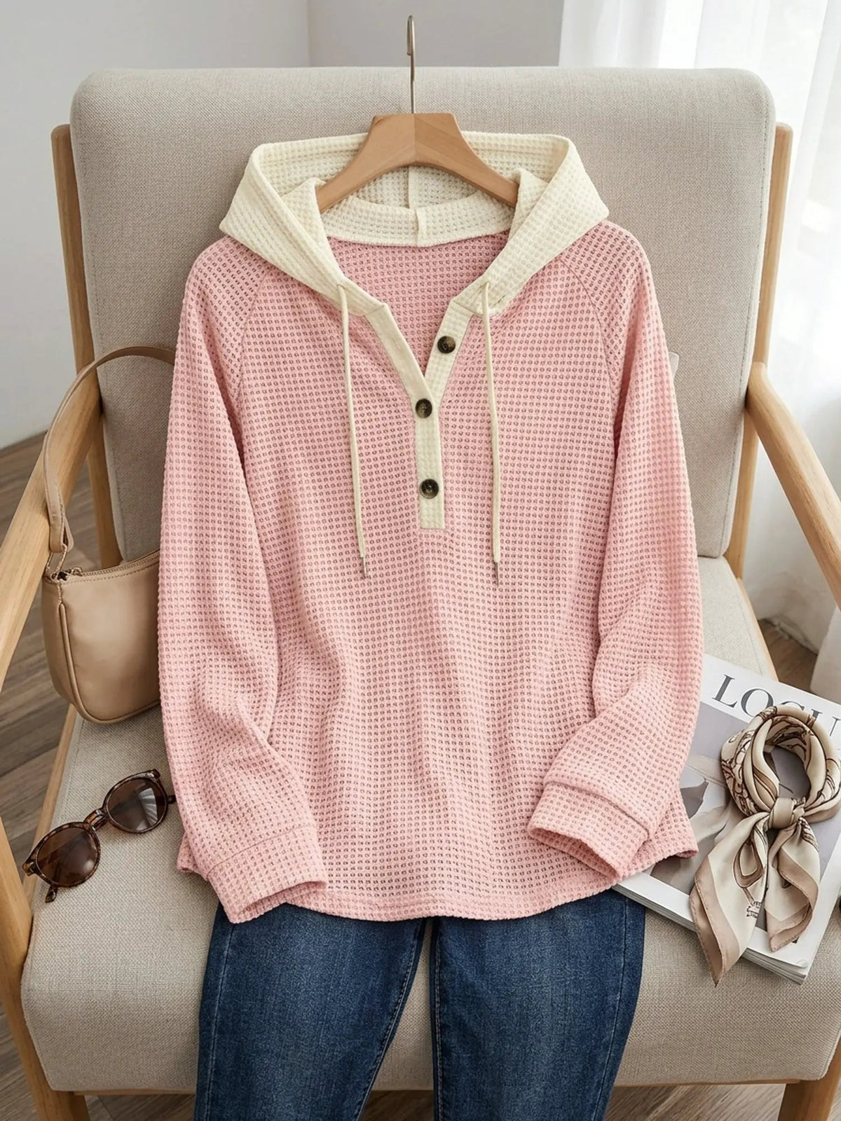 Women's Relaxed Waffle Hooded Top - Contrast Hood-Women's Hoodies-Bellmaren-Beige-S-My Store