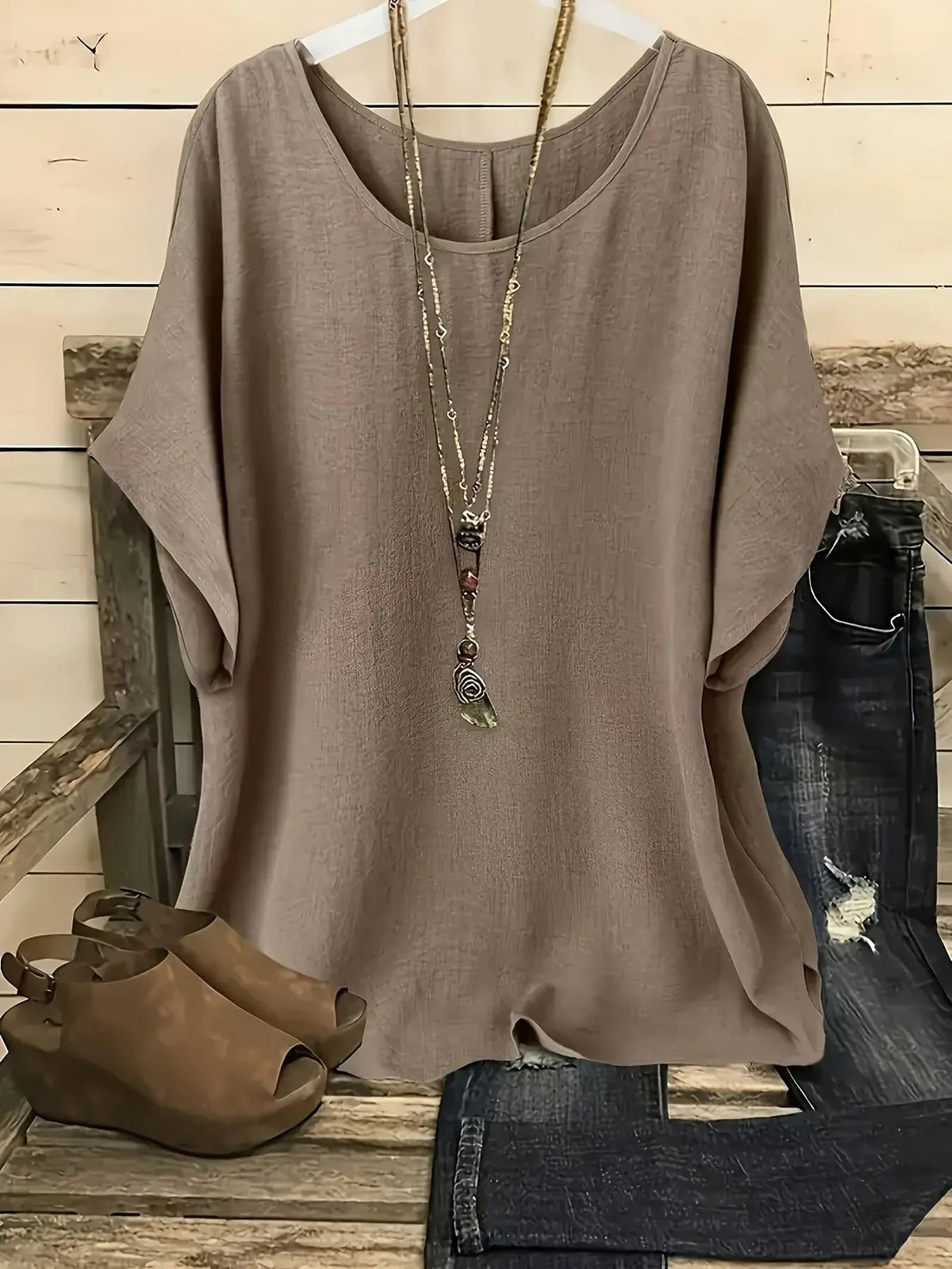 Women's Flowy Batwing Blouse With Rounded Neck-Women's Tops-Bellmaren-Khaki-S-My Store
