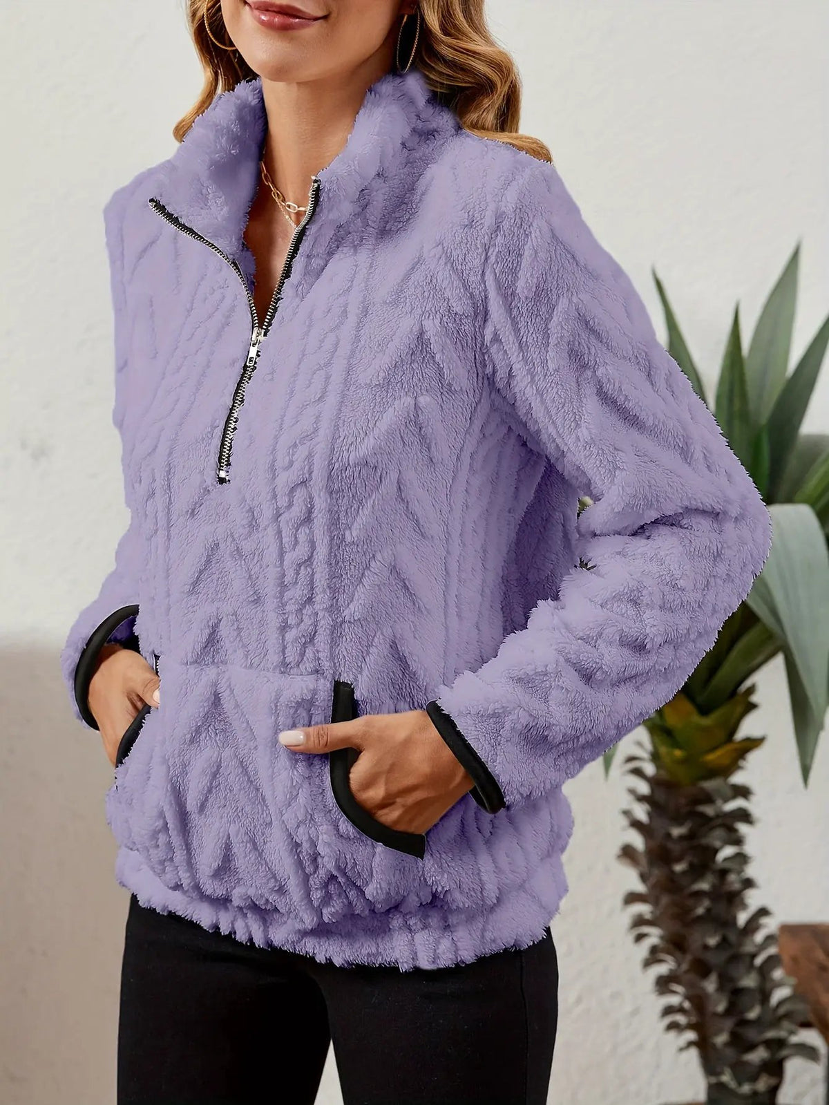 Textured Women's Half Zip Pullover Kangaroo Pocket-Women's Sweaters-Bellmaren-Burgundy-S-My Store