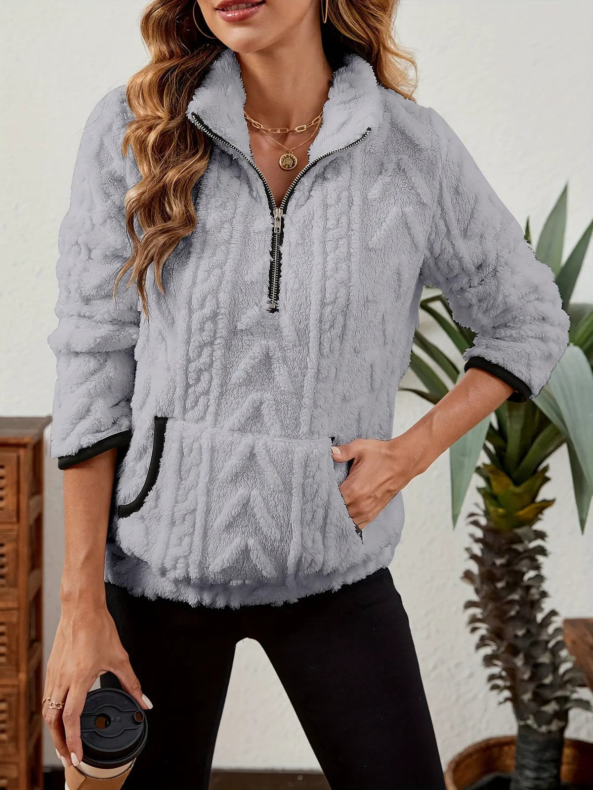 Textured Women's Half Zip Pullover Kangaroo Pocket-Women's Sweaters-Bellmaren-Burgundy-S-My Store