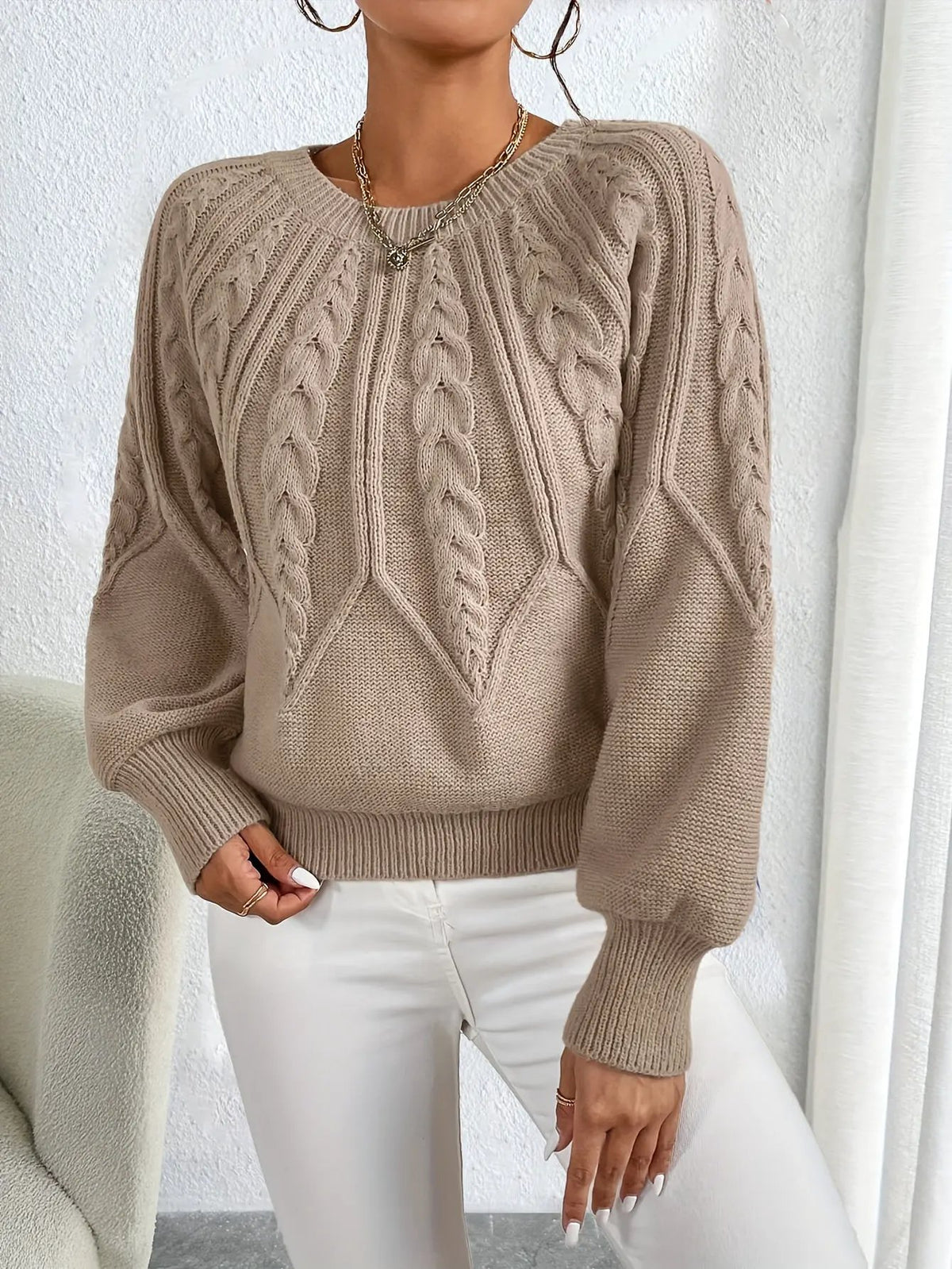 Women's Classic Cable-Knit Lantern-Sleeve Pullover Jumper-Women's Sweaters-Bellmaren-Khaki-S-My Store