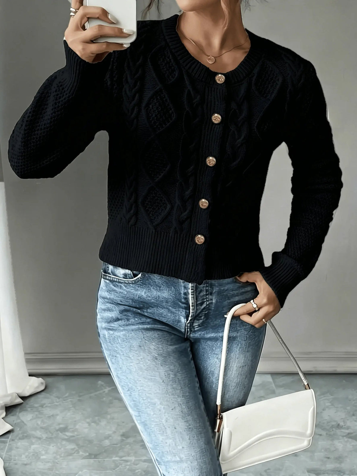 Women's Cable-Knit Button-Front Cardigan-Women’s Cardigans-Bellmaren-Black-S-My Store