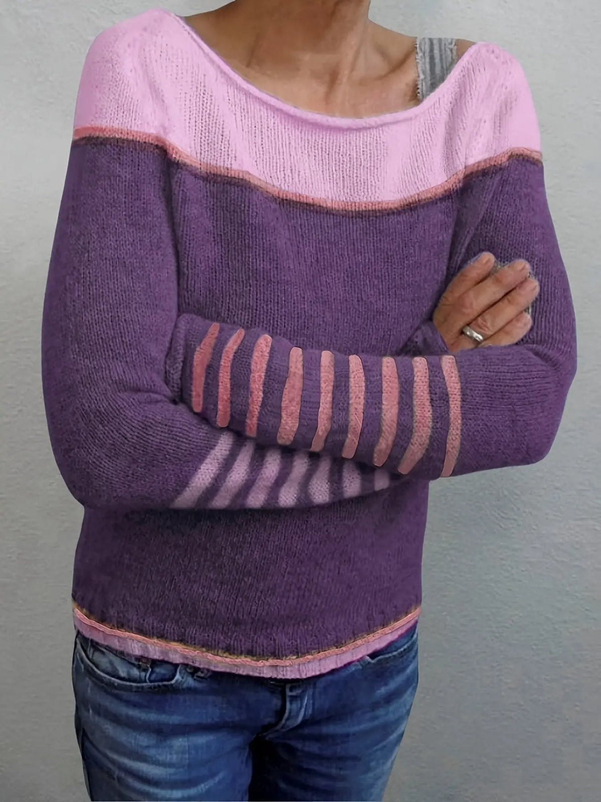 Women's Colour-Block Boat Neck Sweater With Relaxed Fit by Bellmaren